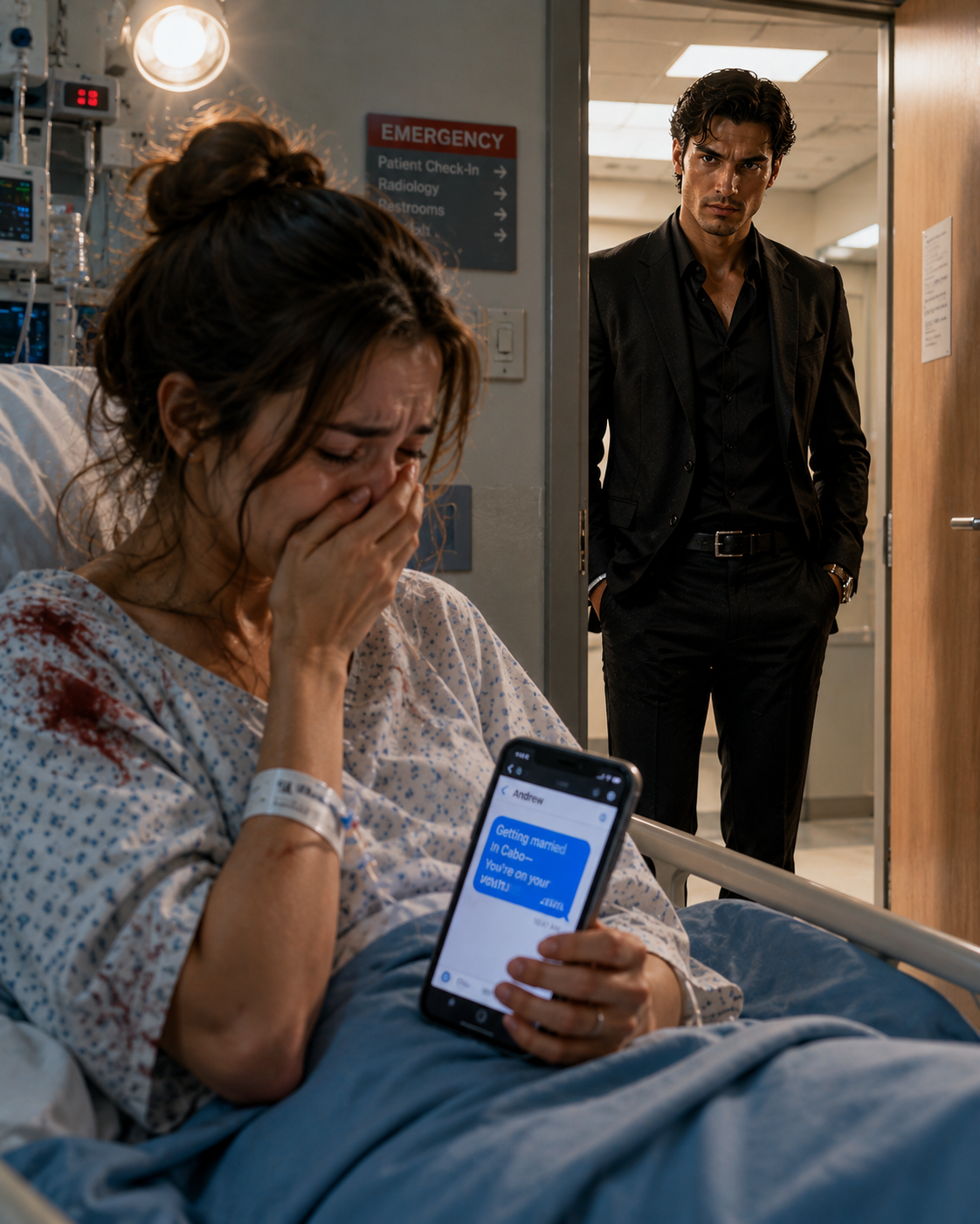 Her husband texted, “Getting married in Cabo — you’re on your own,” while she lay bleeding in the emergency room — then a stranger walked in and said, “Whatever she needs, put it on me.”