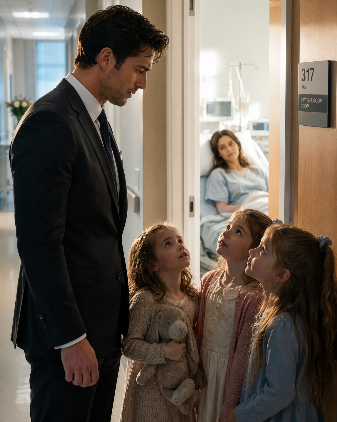 He Came to the Hospital to See His Ex — But the CEO Froze When Three Little Girls Sat Outside Her Room… Then One Asked, “Are You Our Dad?”