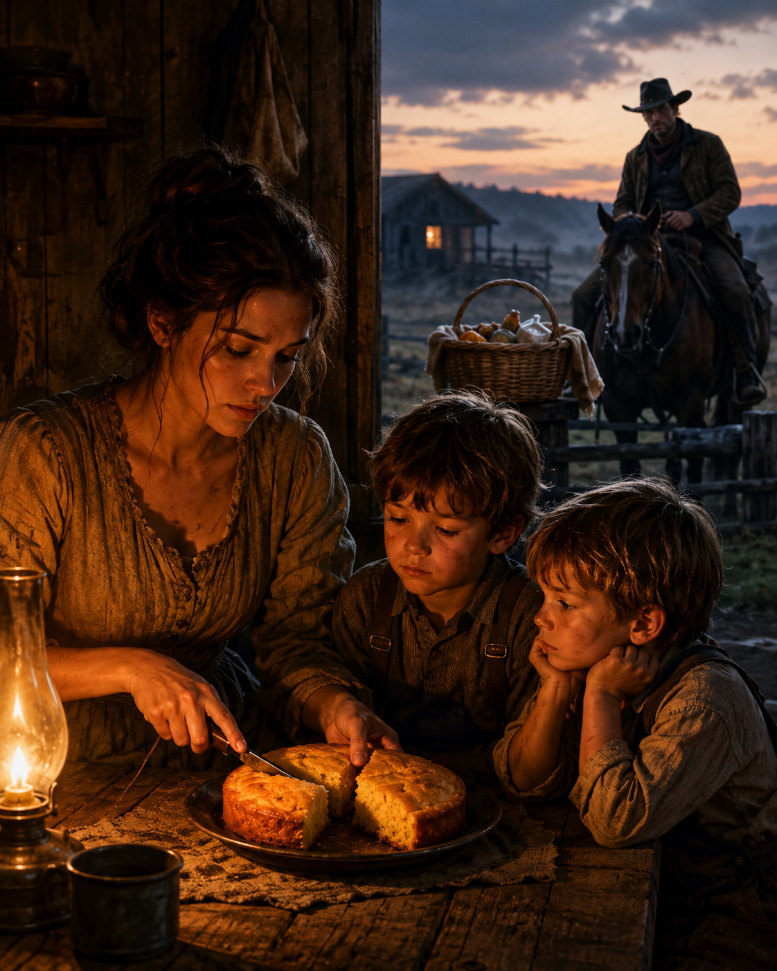 A widow split her last piece of cornbread so her sons could eat—but a rancher watched from the shadows and left a basket before sunrise.