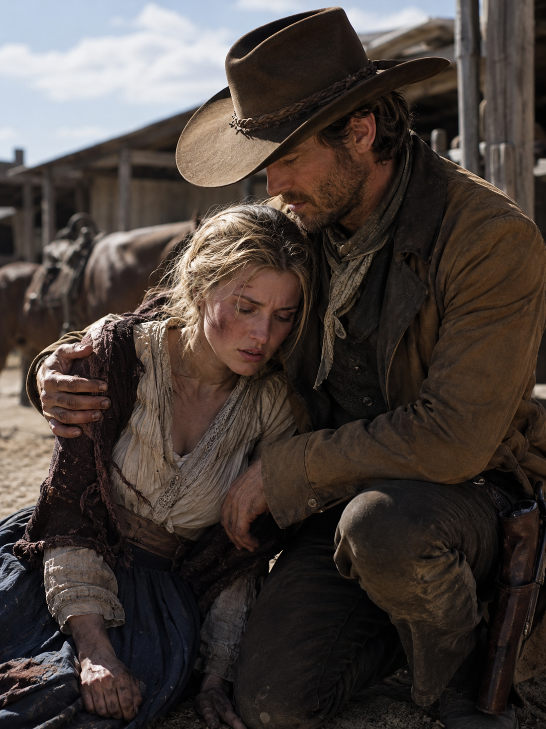 When she lay bleeding in the dirt, too broken to cry for help, a lone cowboy stepped from the dust and whispered, “I won’t leave you”—but the secret he found in her clenched hand changed everything.