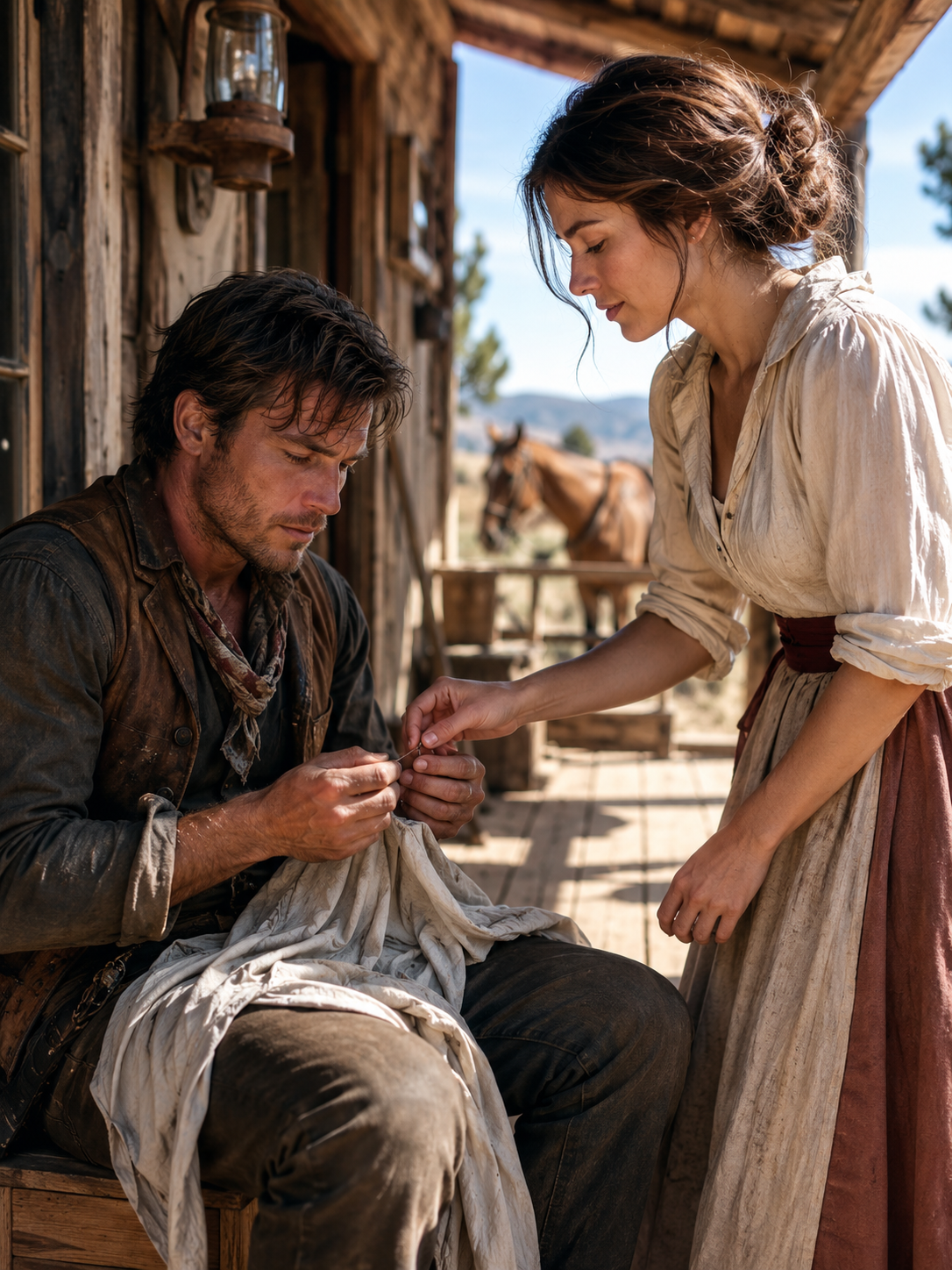 When the Cowboy’s Hands Shook Too Hard to Sew His Last Shirt, She Took the Needle — and Discovered the Secret He Had Been Hiding Beneath the Bloodstains.