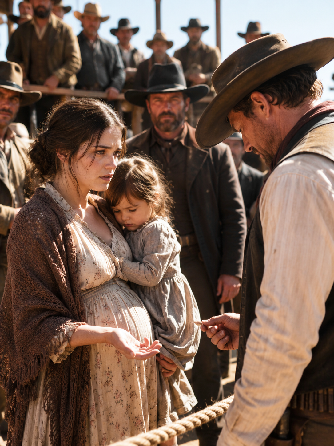 At the edge of a ruthless frontier auction, a pregnant widow clutched her little child as strangers bid on their misery — until one silent cowboy noticed the wedding ring hidden in her palm… and what he did next left the entire West speechless.