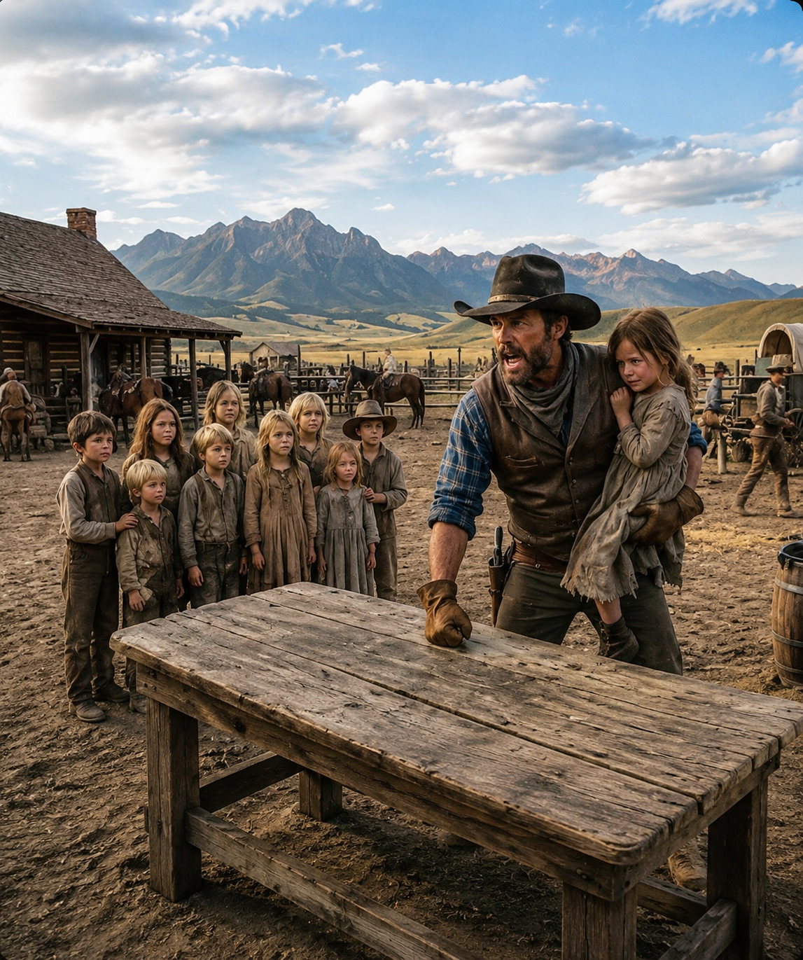 The placing-out agent called them the leftovers nobody wanted and loaded the nine orphans back onto a train bound for a home three hundred miles away — the children expected one more stranger to turn his back like all the rest, but instead, a grieving rancher slammed his fist on the counter and swore every last one of them was his