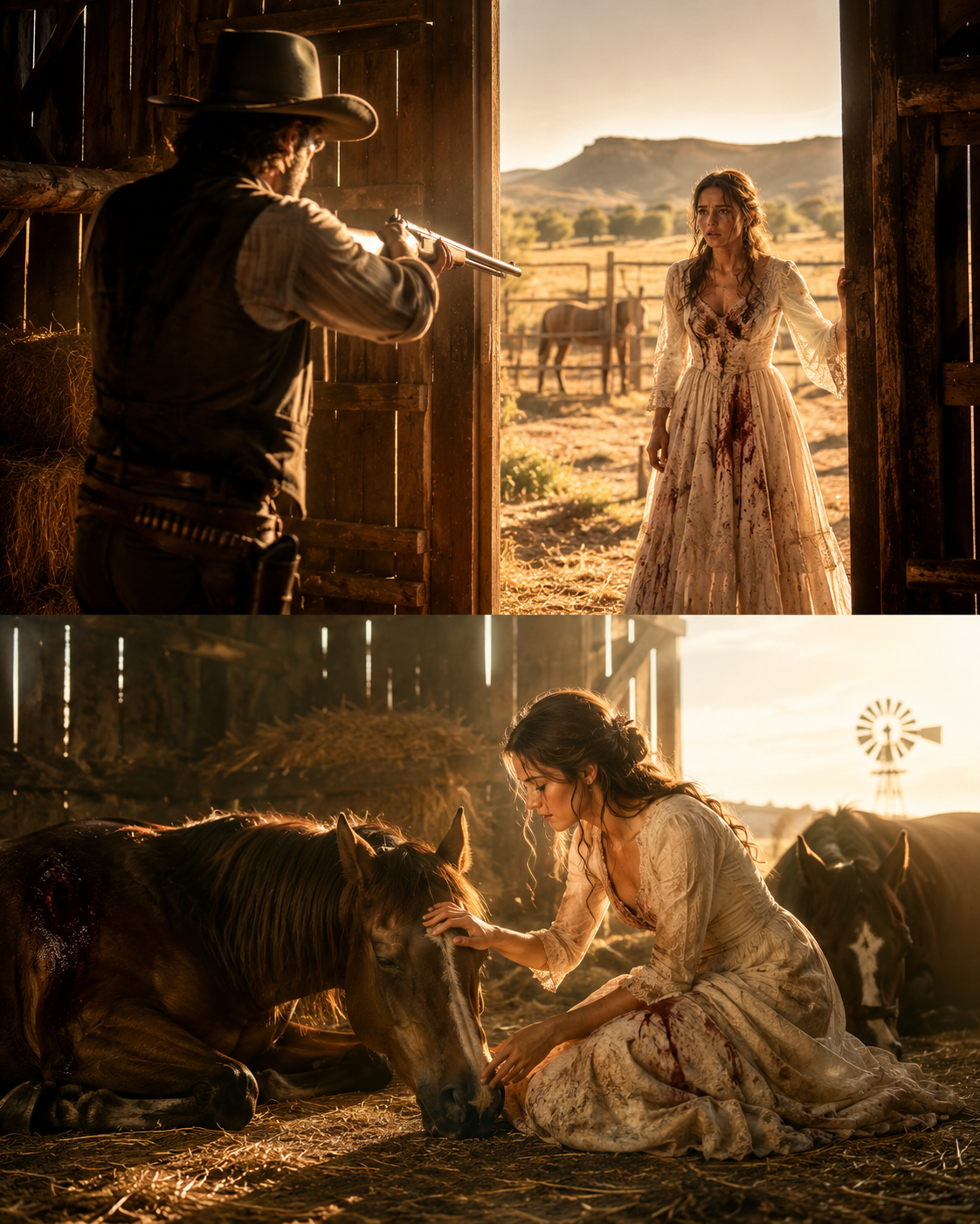 She Stumbled Into His Barn at Dawn in a Bloodstained Wedding Dress—He Raised His Rifle, Then Watched His Dying Horses Calm the Moment She Touched Them