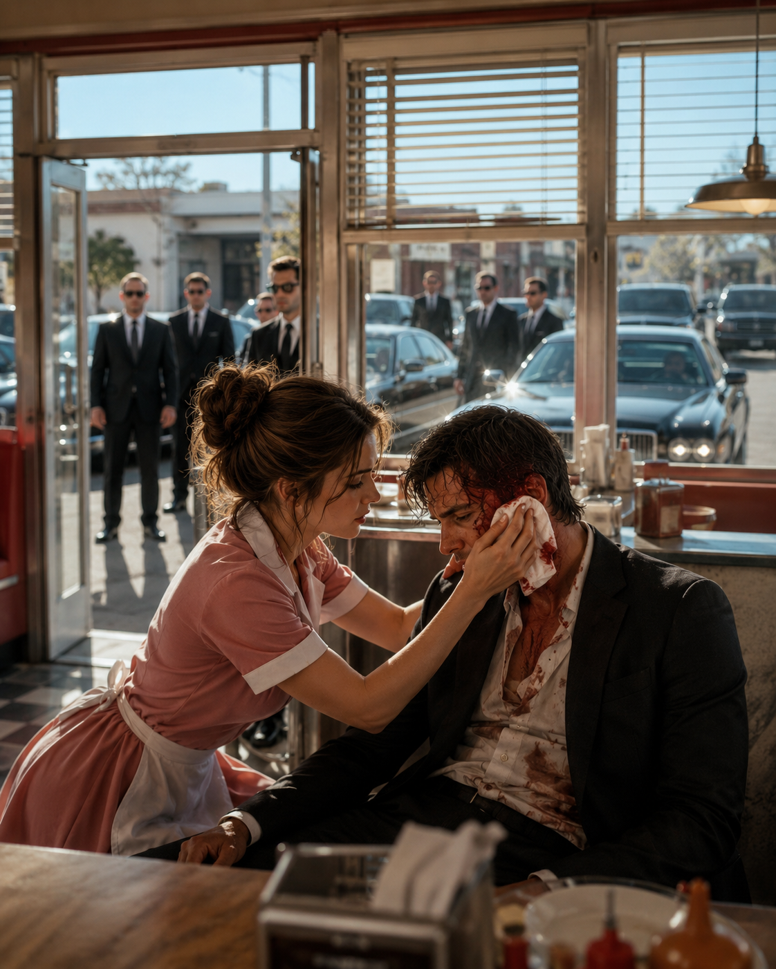 SHE LIED TO THE COPS FOR A BLEEDING MAFIA KING—THE NEXT MORNING, HIS BLACK CARS SURROUNDED HER DINER