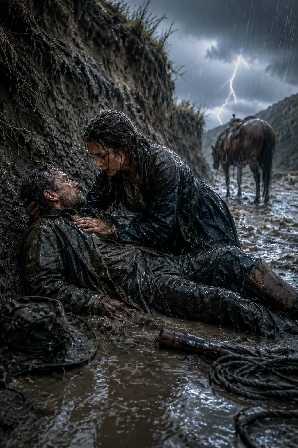 He Lay Dying At The Bottom Of A Flooded Cutbank After The Stampede — The Woman He’d Once Driven Off His Land Rode Through The Storm To Find Him