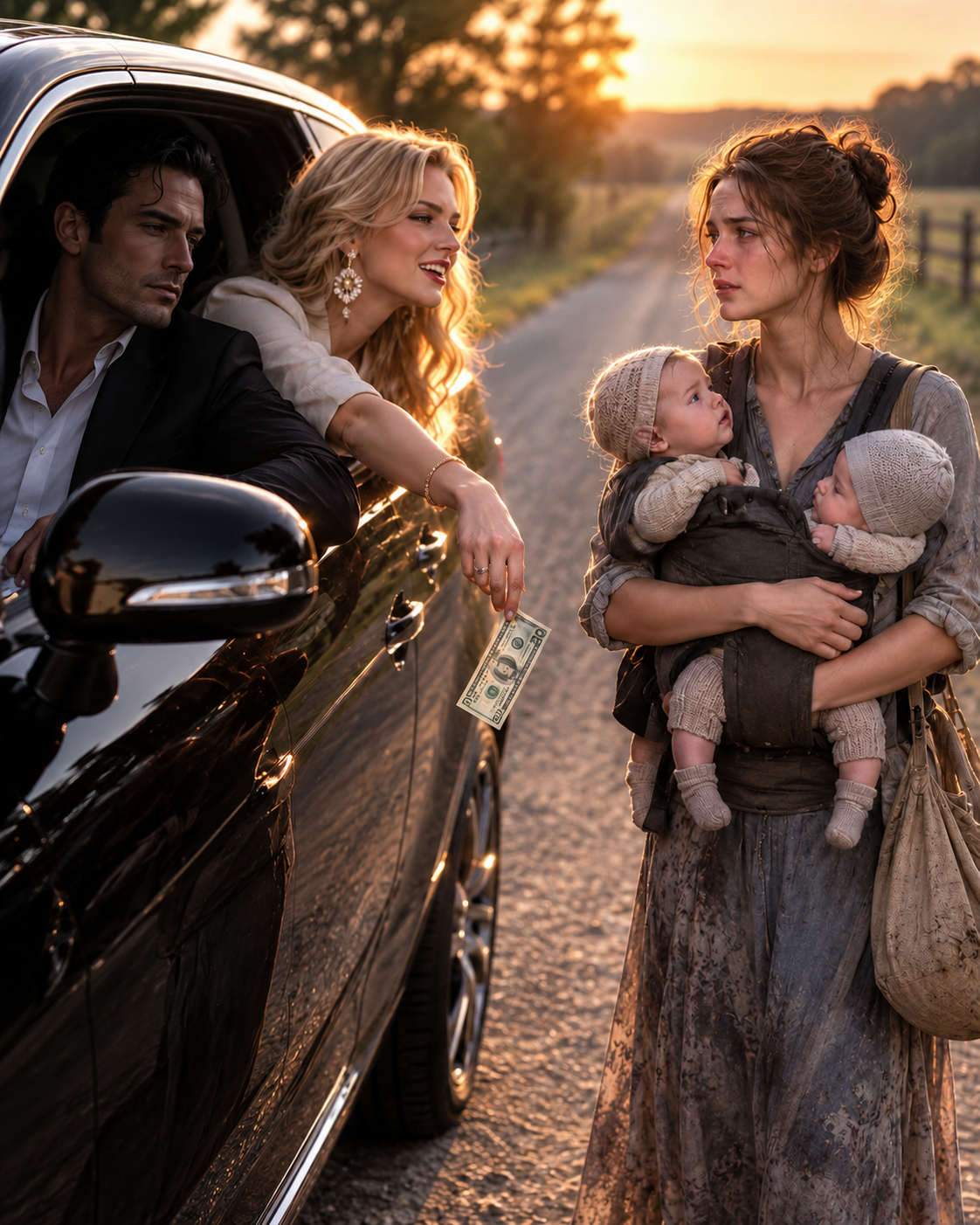 I laughed when I spotted my ex-wife walking alone down a deserted road outside Franklin, Tennessee, with two babies strapped to her chest. My fiancée tossed twenty dollars into the dirt and mocked her to “buy some formula,” but everything changed the second my ex looked at me—not with anger, but with pity. That silent look unraveled a lie that had been living inside my own home for an entire year.