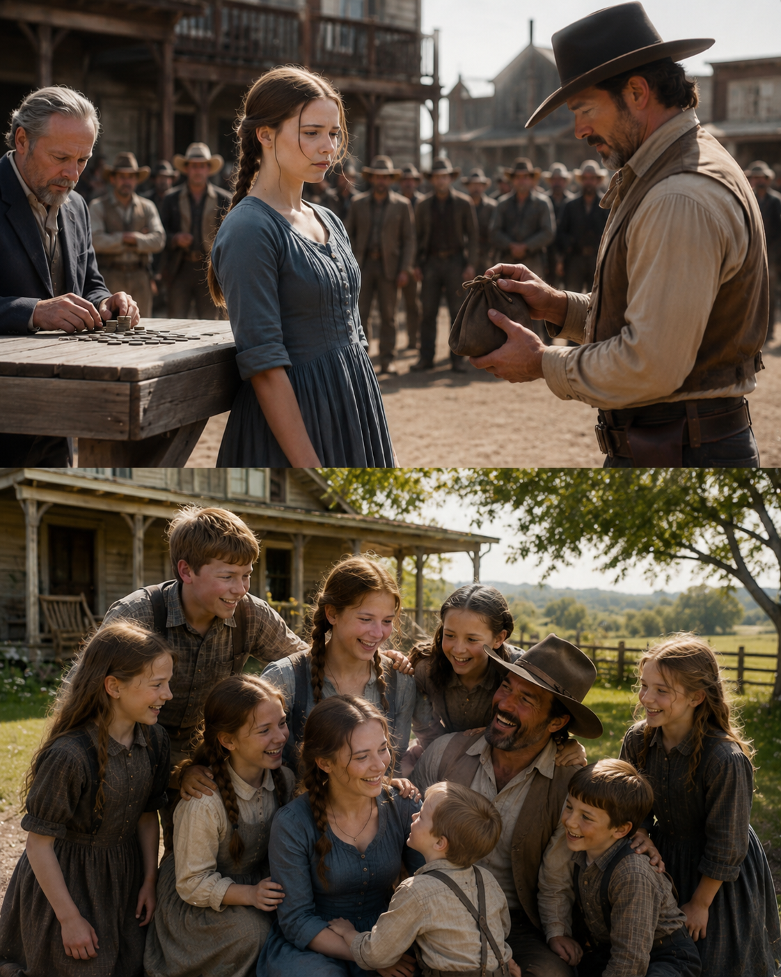 HER PARENTS AUCTIONED HER AS “BARREN” IN THE TOWN SQUARE… THEN A WIDOWED CATTLEMAN WITH EIGHT MOTHERLESS CHILDREN PAID CASH, TOOK HER HOME, AND TURNED THE CRUELTEST DAY OF HER LIFE INTO THE BEGINNING OF A FAMILY NO ONE SAW COMING