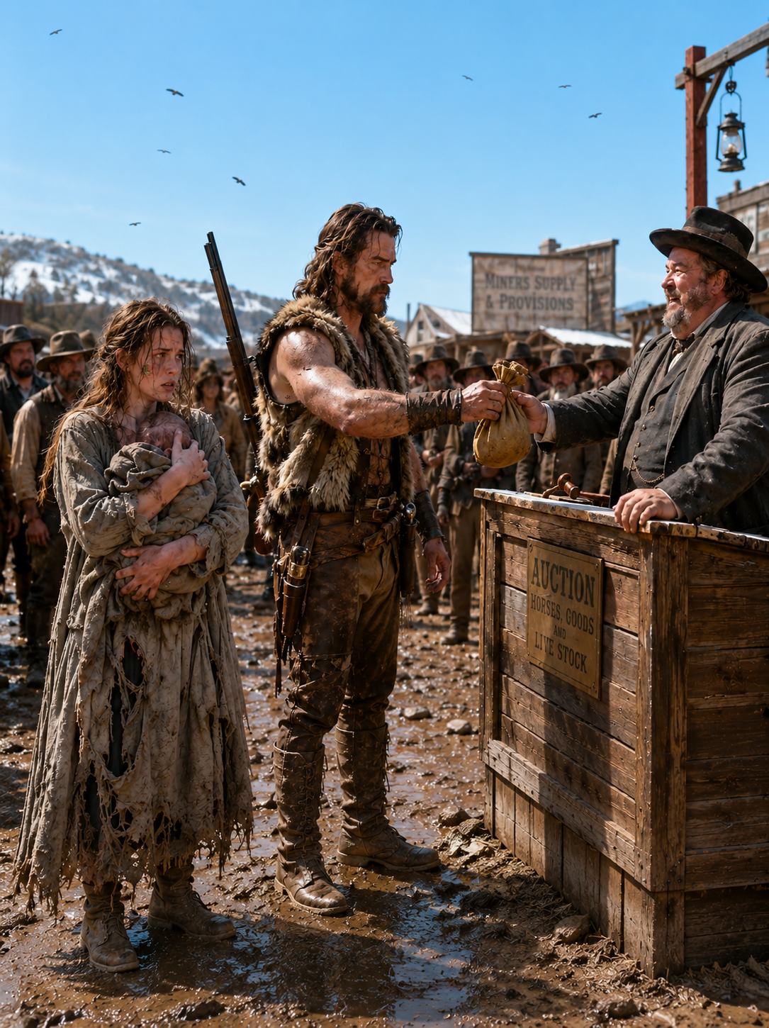 They Were Auctioning Off a Starving Widow and Her Dying Baby to Pay Her Dead Husband’s Debts — A Mountain Man Rode In Late and Threw Down $65 in Gold, Saying Only “I’ll Take Them”
