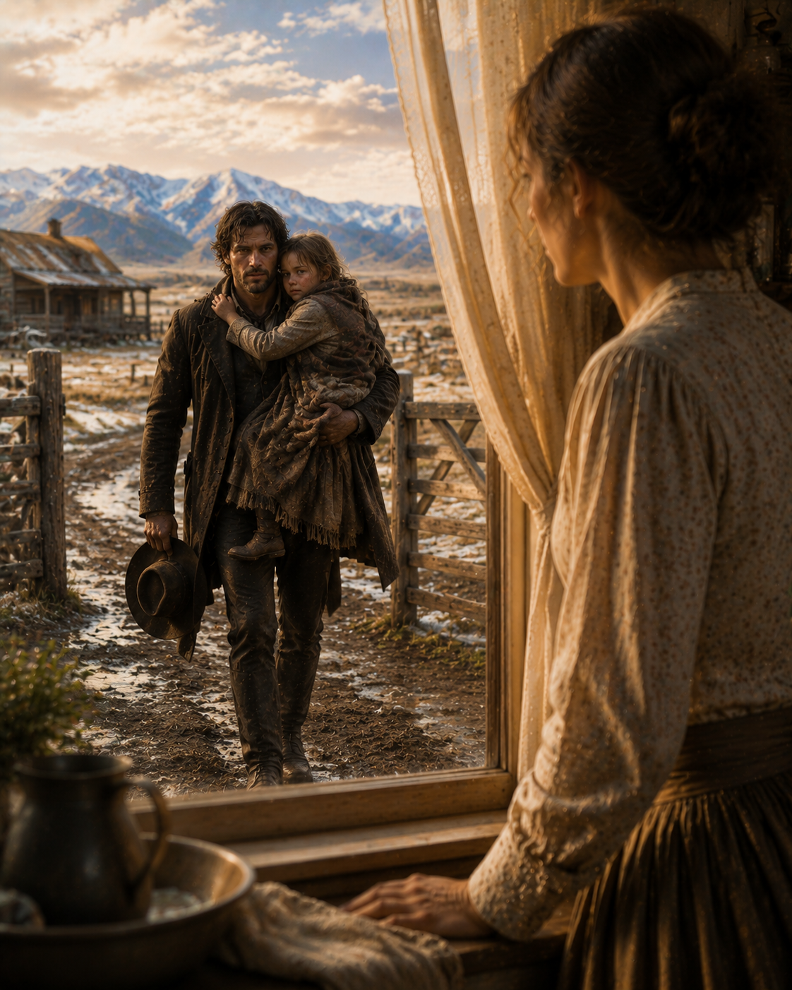 A lone drifter appeared on the north road with a half-frozen little girl trembling against his chest. His hat was already off before he reached the gate — and from her kitchen window, Martha knew this stranger hadn’t come by accident. He had arrived to change everything.