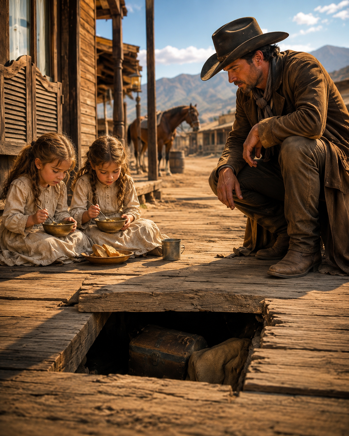 The cowboy found two hungry twins behind the saloon — only to learn later that their parents had been murdered by the town’s sheriff.