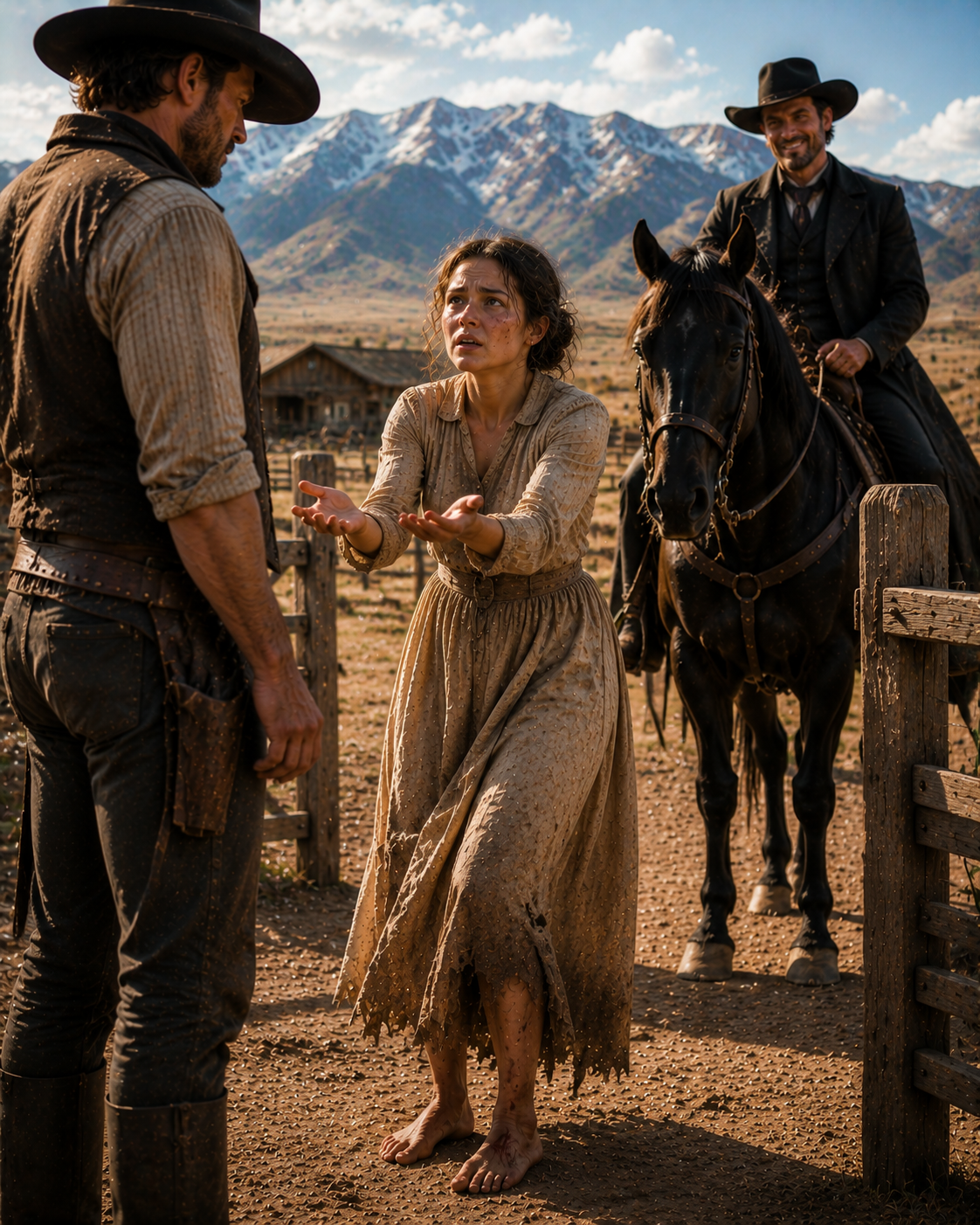 After walking thirty-one miles on bleeding feet, she asked a stranger rancher for any work he could give her just to survive — but at that very moment, the man who had hunted her for four years rode through the same gate, smiling as if she had never escaped.