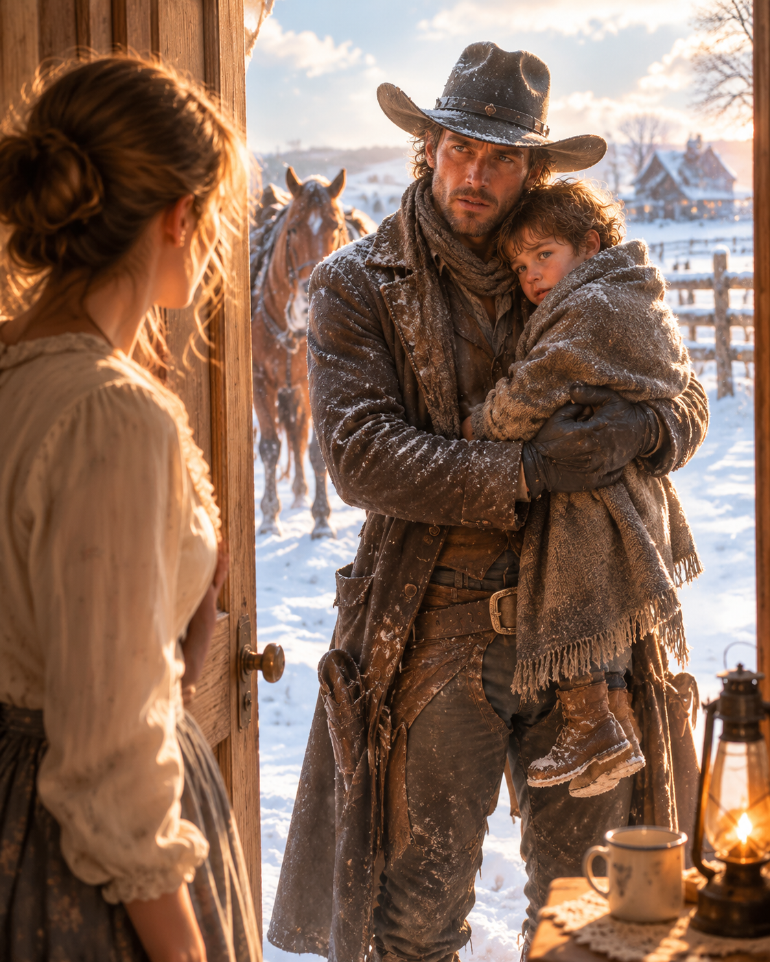 A frost-covered stranger appeared at Clara’s door with a half-frozen little boy shivering against his chest. His voice was already breaking before he said her name — and from the doorway, Clara knew this cowboy hadn’t come by accident. He had arrived to change everything
