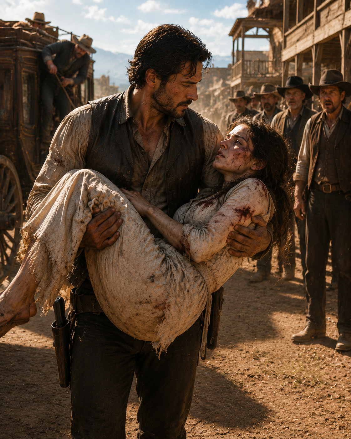 A battered woman collapsed in the dust outside a trading post—the rancher who lifted her made a promise he never broke.
