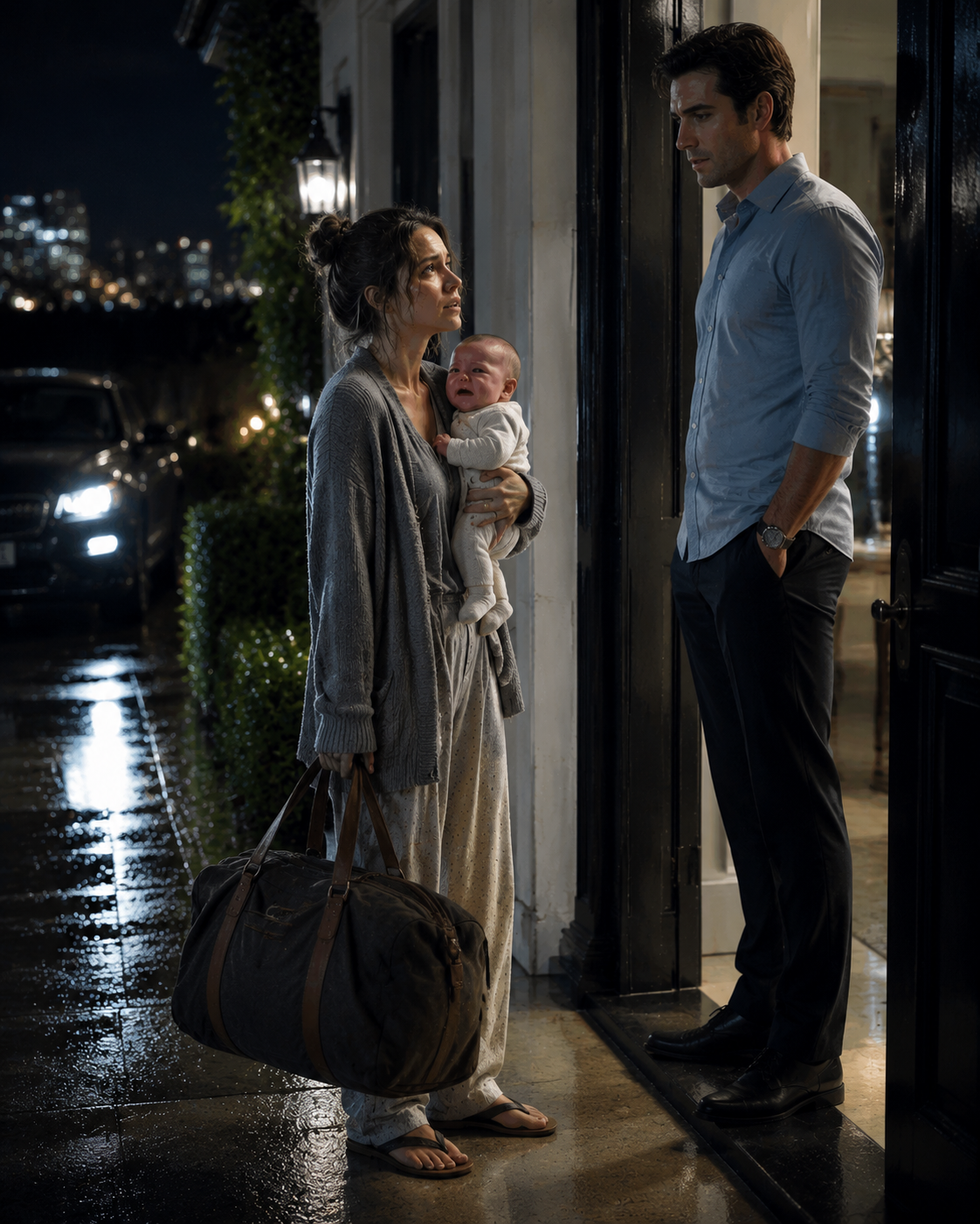 At 2:17 in the morning, I stood barefoot on the doorstep of the only man who had ever truly loved me, holding my crying six-month-old daughter and one worn duffel bag. I expected billionaire Christopher Turner to close the door on the mess my life had become. Instead, one sentence changed everything—and neither of us realized a single midnight cry was about to uncover a love he had hidden for twenty-four years.