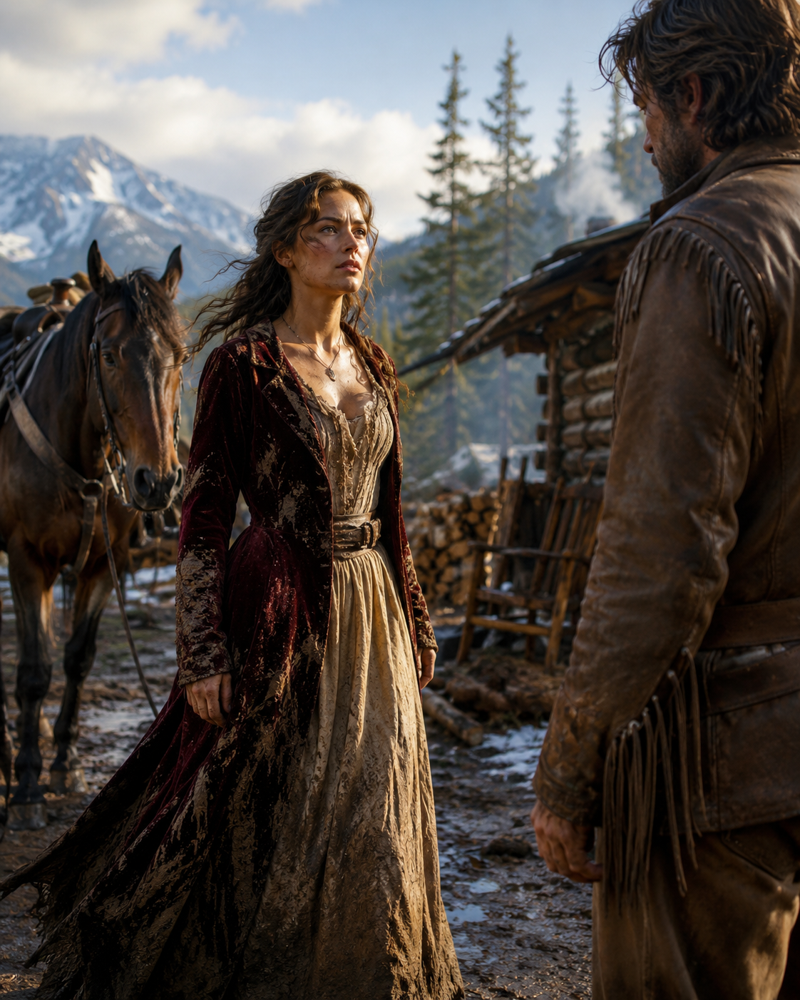 She rode into his clearing in a velvet coat destroyed by forty miles of pine and mud. She didn’t scream. She didn’t ask for water. She swung down from her exhausted mare, looked the loneliest man in the territory dead in the eye, and said: “Marry me.”