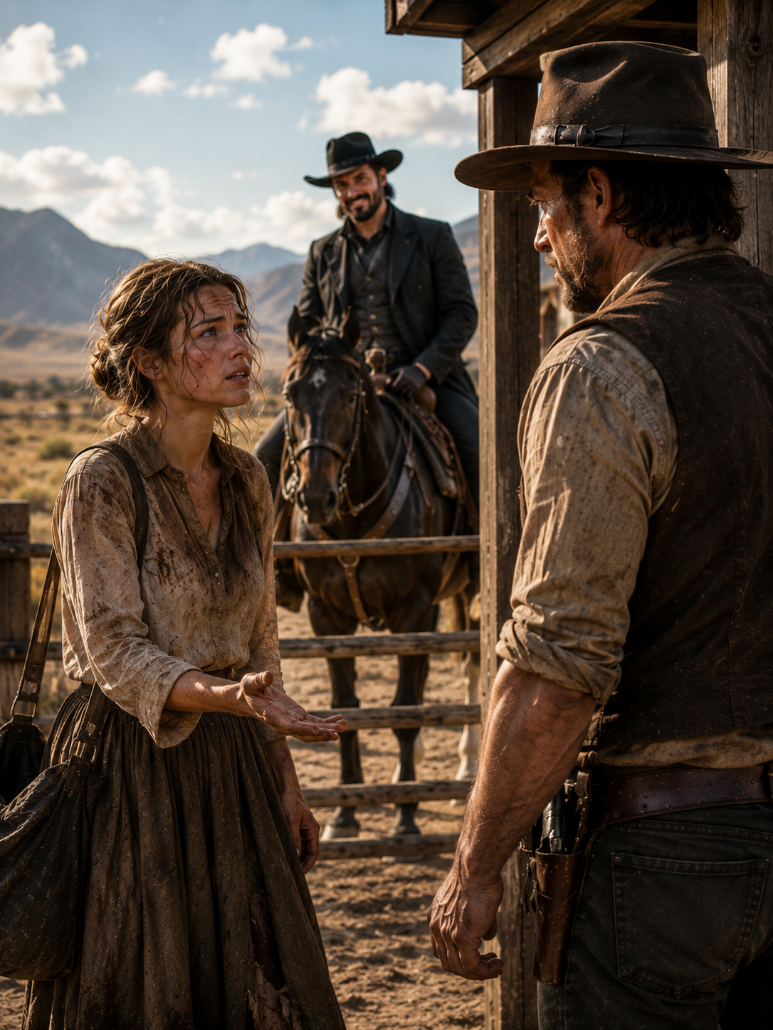 After walking thirty-one miles on bleeding feet, she asked a stranger rancher for any work he could give her just to survive — but at that very moment, the man who had hunted her for four years rode through the same gate, smiling as if she had never escaped.