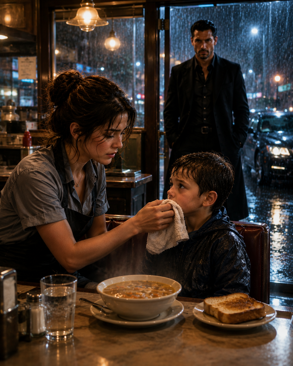 A soaking-wet little boy wandered into my struggling Chicago diner during the worst storm of the year, shivering so violently he could barely hold the tiny paper bag clutched in his hands. Giving him a free meal felt like the only decent thing to do, but before midnight, his father—the most feared mafia boss in the city—would walk through my front door, and one quiet sentence would change my life forever.