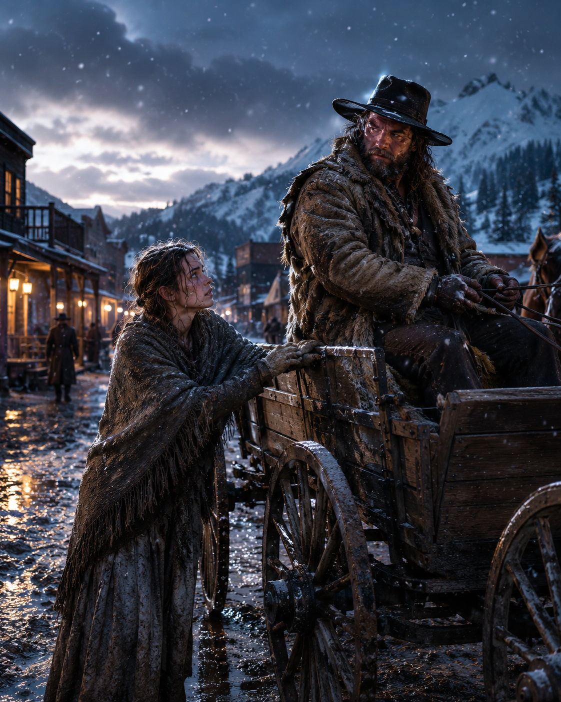 She Was Freezing Outside a Locked Saloon With Nowhere Left to Go — A Mountain Man Stopped His Wagon, Looked At Her Once, and Said “Come Home and Eat Supper”