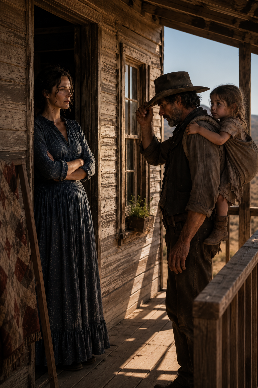 Three days of walking had worn Silas Thorne’s boots clean through, and the small girl strapped to his back was burning hotter with every mile. He had nothing left to offer the woman standing in the ranch yard — no coin, no name that meant anything, nothing but calloused hands and a promise that he’d work himself to the bone for a corner to lay his daughter down