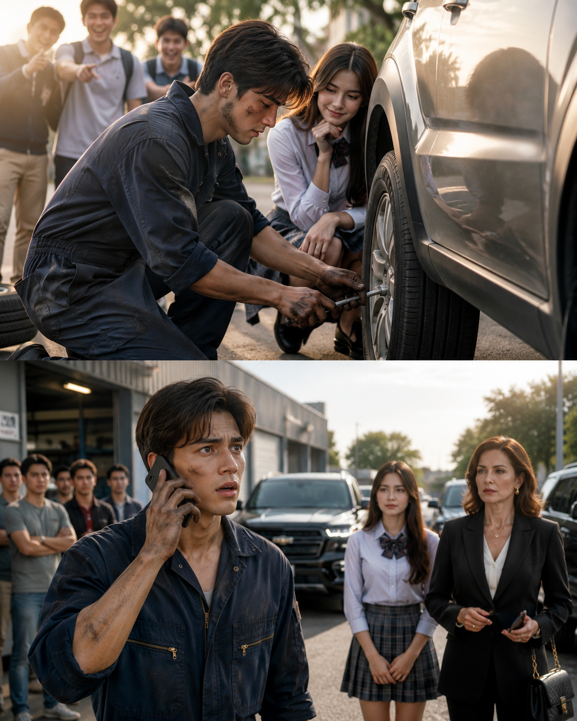 They laughed at the broke mechanic who stopped to fix a crying girl’s flat tire — until her billionaire mother called his shop the next morning.
