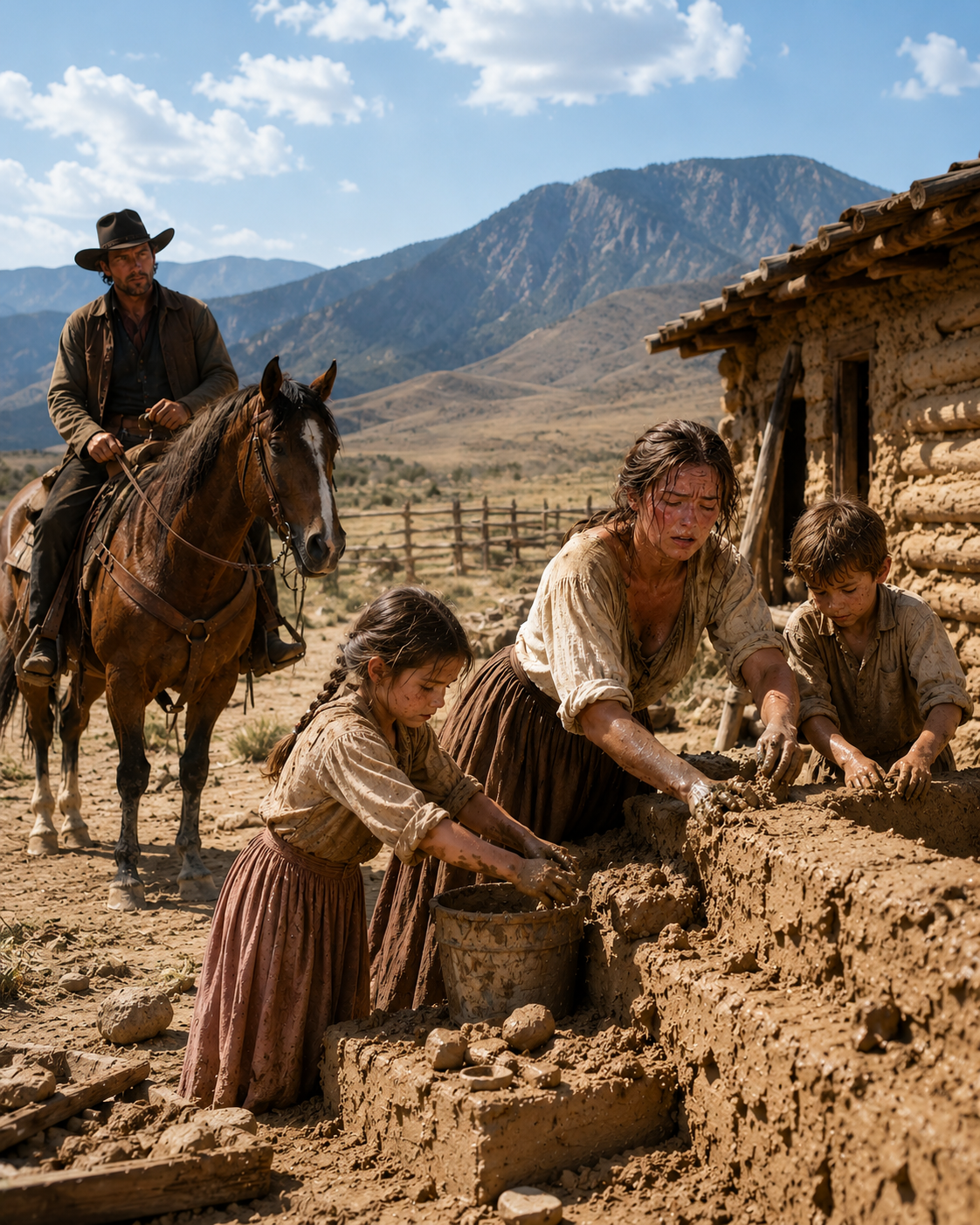 A Widowed Rancher Stopped His Horse When He Saw a Mother Building a Mud Wall in the Desert Heat—Then He Found His Dead Wife’s Letters in the Stranger’s Tin Box