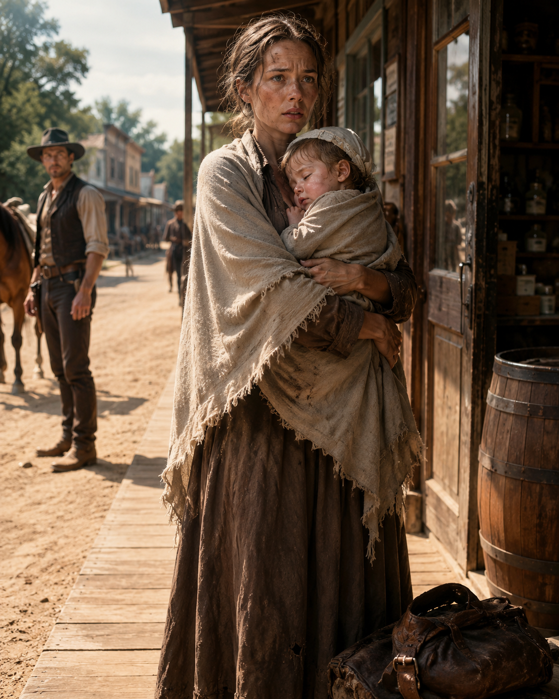 A widow appeared outside Alderman’s store with a fever-sick baby trembling against her chest. Her last coin was already spent before she reached the steps — and from across the street, Caleb knew this stranger hadn’t come by accident. She had arrived to change everything