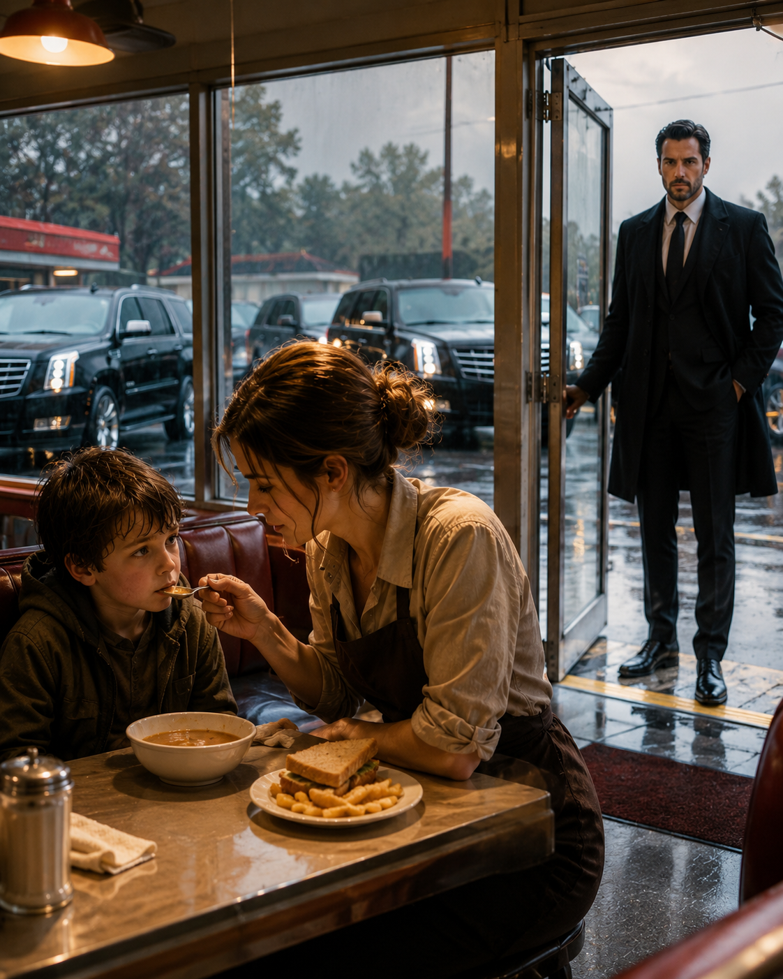 I fed a soaked, shivering boy in my dying diner and asked for nothing in return — by morning, three black SUVs had surrounded my building, and the man who stepped out made me a promise I couldn’t refuse.