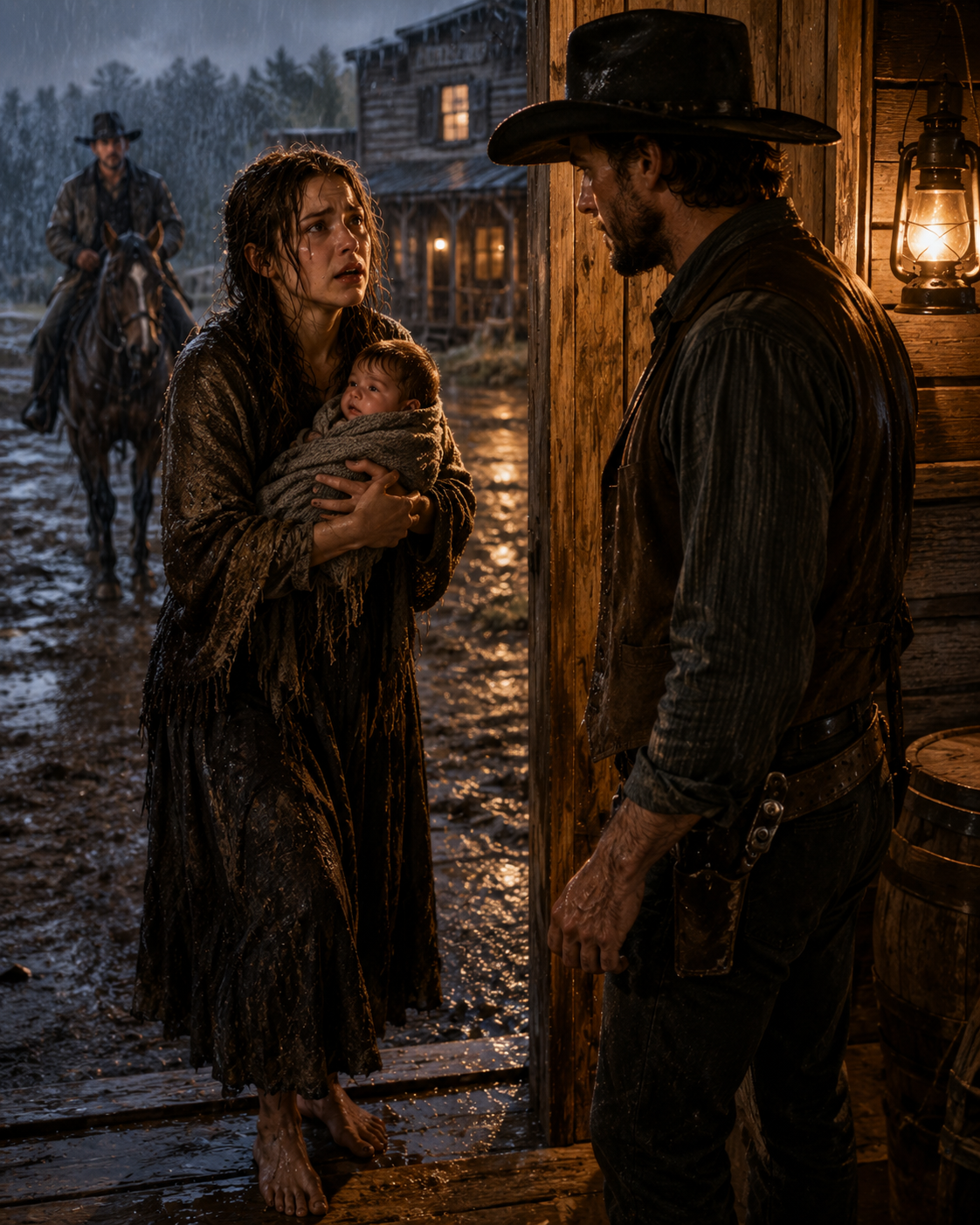 she knocked barefoot in the rain with a baby in her arms — the rancher never let either of them go hungry again