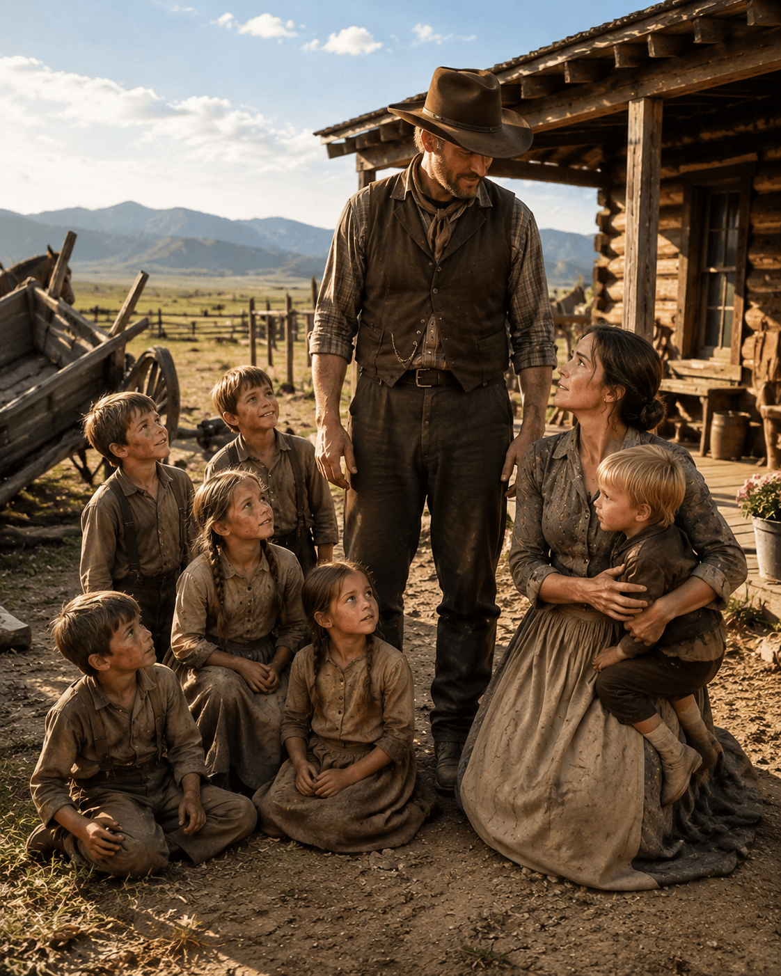 A broken wagon axle stranded a widow and her six children outside a stranger’s ranch — she expected a hard man praying only for a housekeeper, but instead, she found one who looked at all seven of them like family