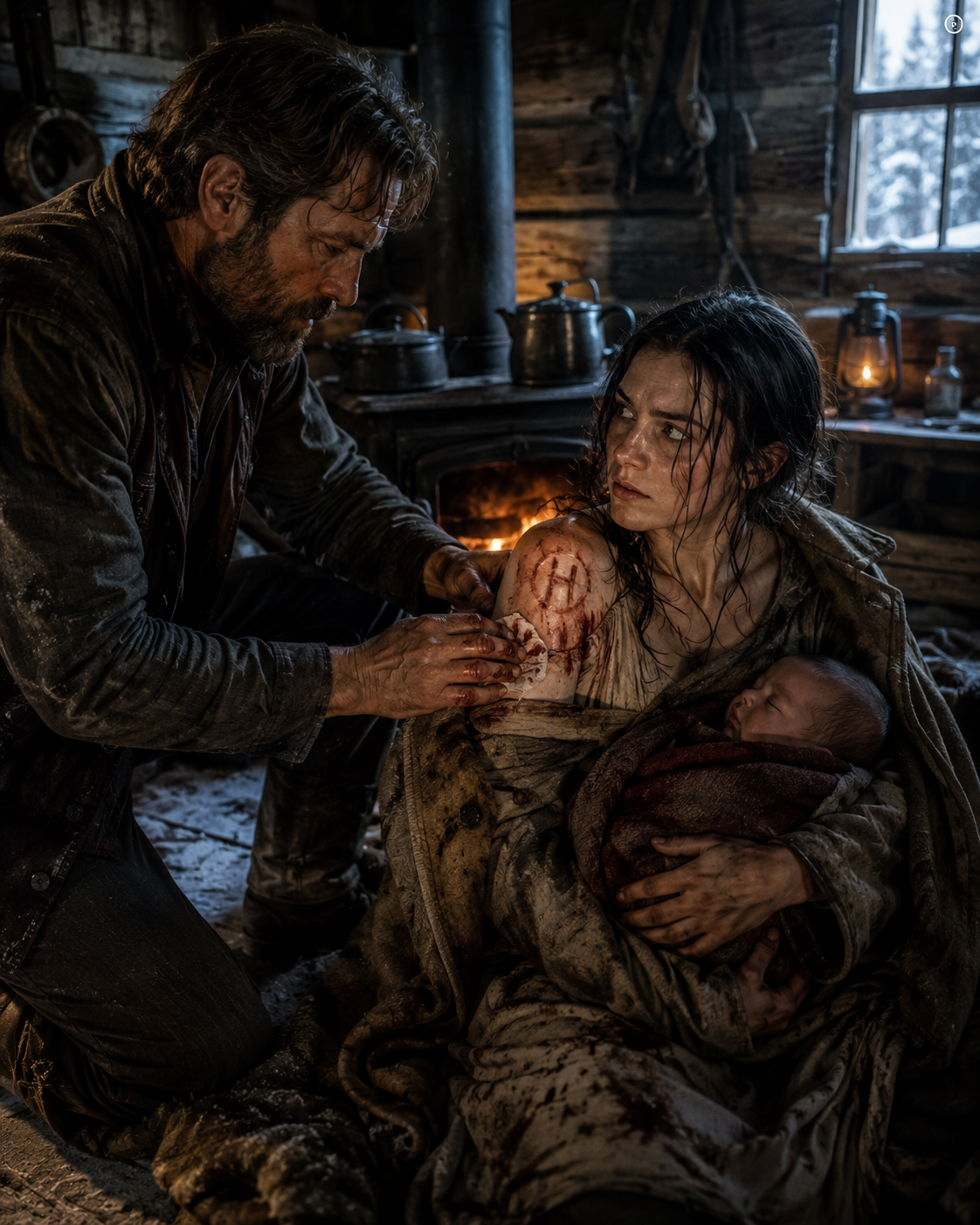 She Stumbled Into a Trapper’s Line Shack Half-Frozen and Armed — What He Found Strapped to Her Chest Stopped His Heart