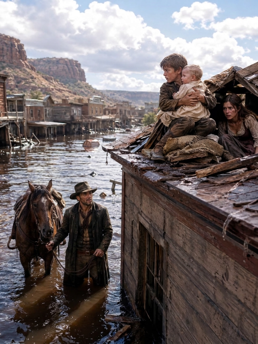 Seven years old, holding a baby over floodwater, he pointed a revolver at the cowboy trying to save them both